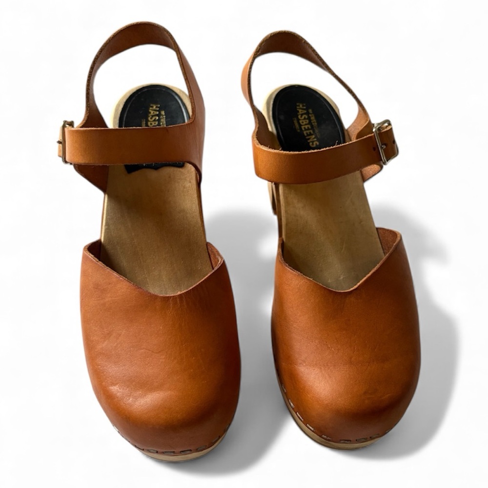 Swedish Hasbeens Cognac Brown Leather Clog Sandals